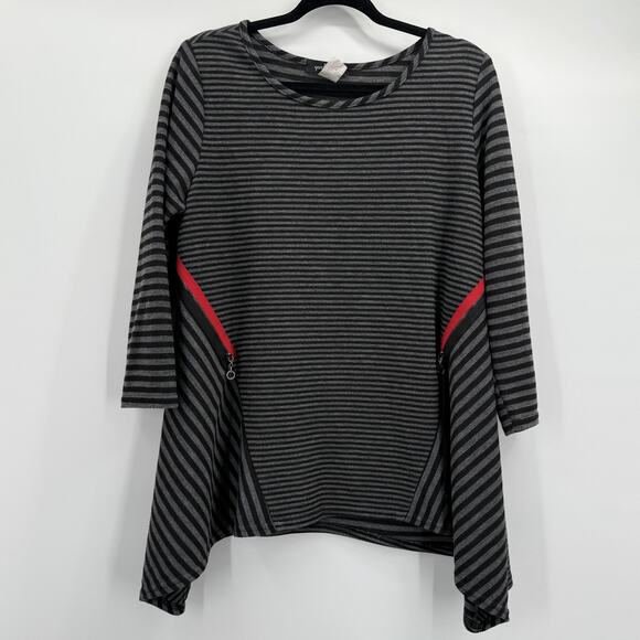 Yushi Tunic Sweater Womens Large Black Gray Striped Red Zipper Pockets Top - Picture 1 of 7